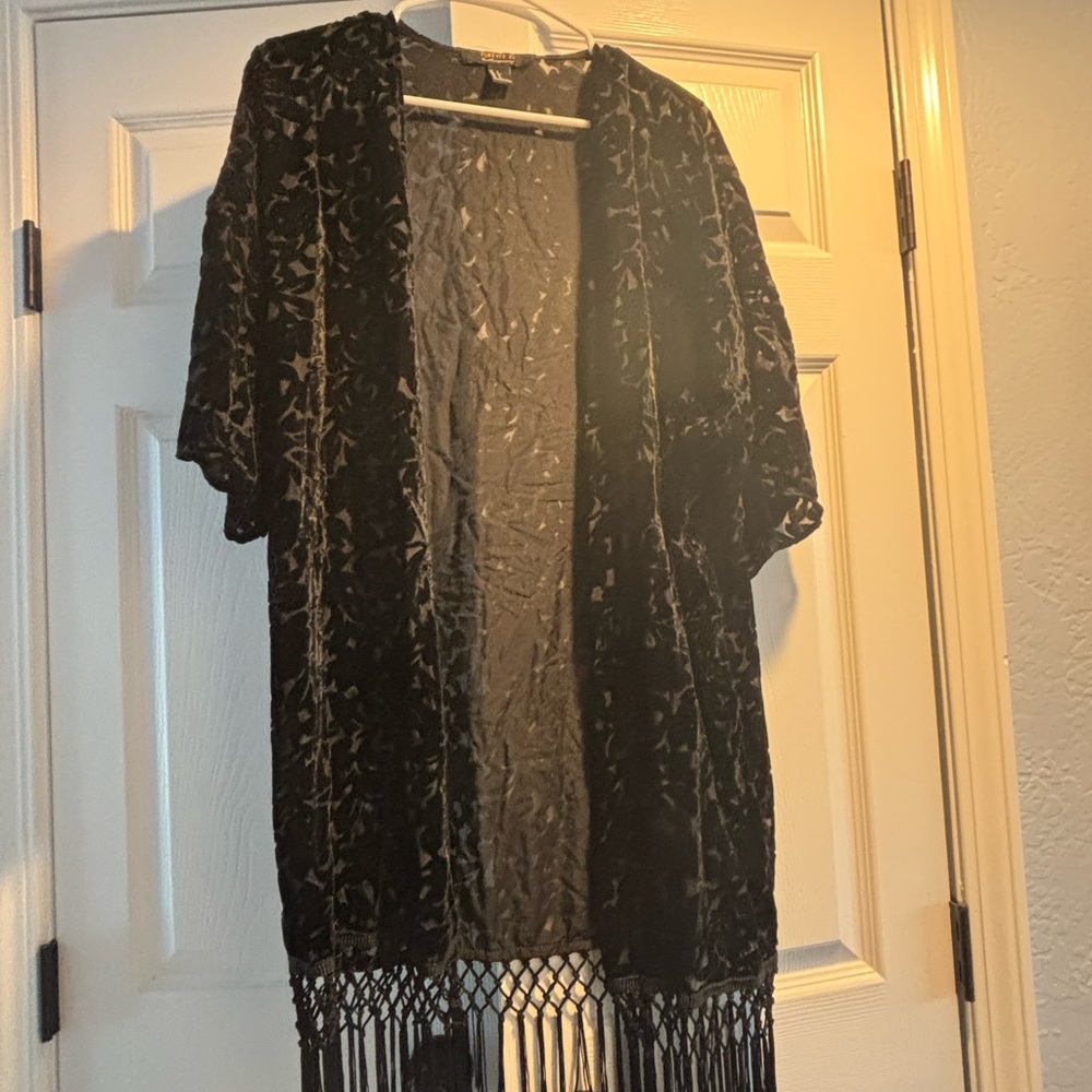 Black Velvet Kimono with Fringe